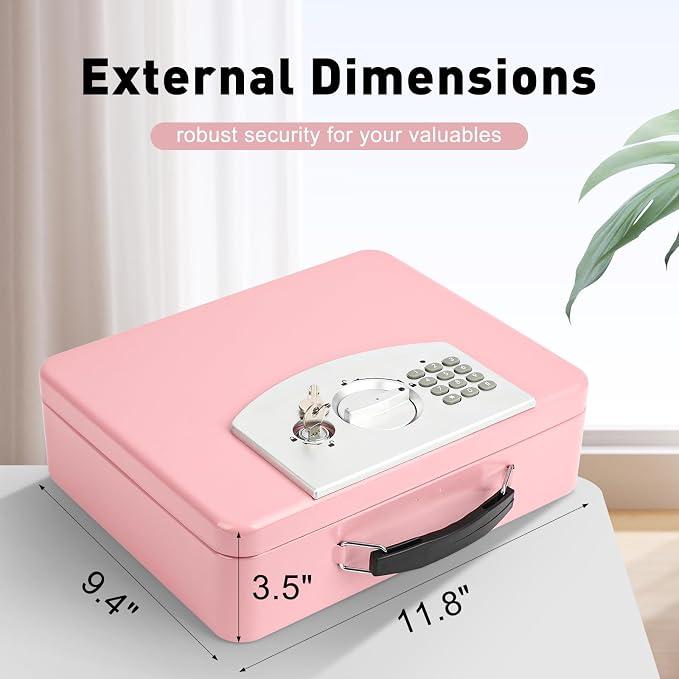KYODOLED Pink Safe Box with Digital Keypad Lock, Lock Box with Code for Personal Items, Metal Security Box for Cash, Passport, Jewelry, Ideal for Home, Office, Garage Sale, 11.8'' x 9.4'' x 3.5'' - Image 2