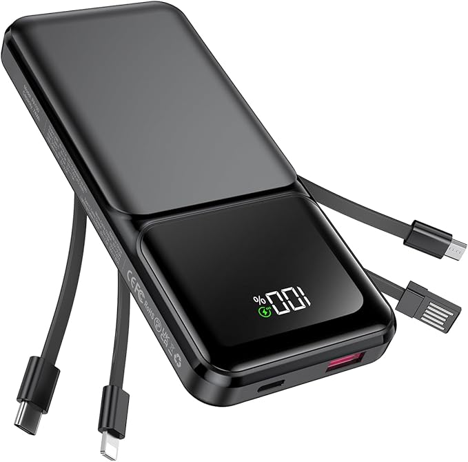 RONEGN Portable Charger with Built in Cable 20000mAh Fast Charging | Power Bank USB C Slim 22.5W LED Display Battery Pack 5 Outputs & 3 Inputs for Travel Essentials iPhone Samsung Phones Black by RONEGN