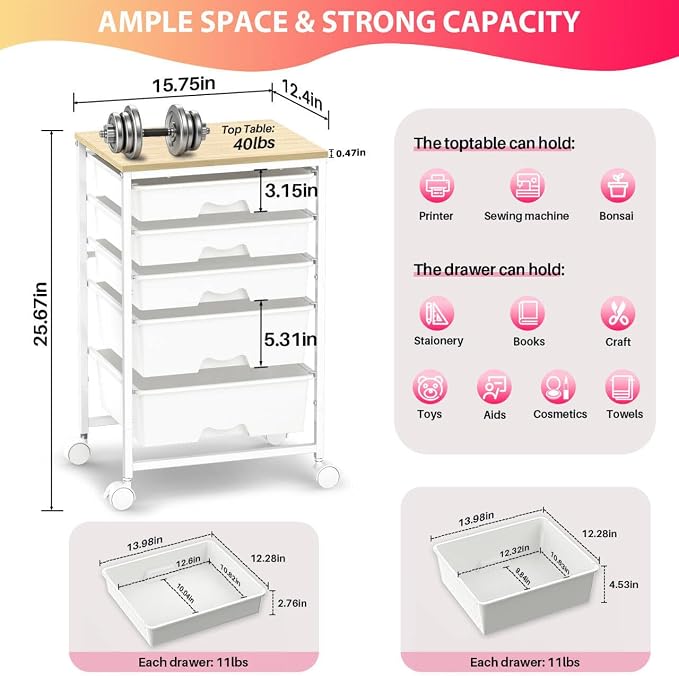Goovilla Rolling Cart with 5 Drawers for Craft, Art, Dorm, Office, White | Utility Cart Organizer With 5 Removable Drawers and Wooden Tabletop, Lockable Rolling Storage Organizer for Classroom, Home - Image 2