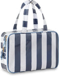Toiletry Bag for Women, White and Navy Stripe | Clear Coated,Waterproof,Multiple Compartment,Open Flat,Handle,Travel Organizer for Shampoo,Conditioner,Cosmetic Accessories by THOVSMOON