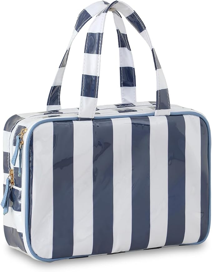 Toiletry Bag for Women, White and Navy Stripe | Clear Coated,Waterproof,Multiple Compartment,Open Flat,Handle,Travel Organizer for Shampoo,Conditioner,Cosmetic Accessories by THOVSMOON
