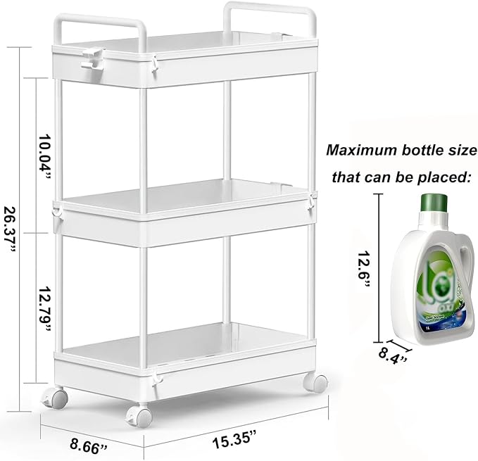 SOLEJAZZ 3 Tier Slim Rolling Storage Cart Organizer with Wheels, White | Utility cart for bathroom, laundry, bedside, dorm&narrow spaces. Fits craft, nail, makeup, snack, art, diaper&baby essentials - Image 2