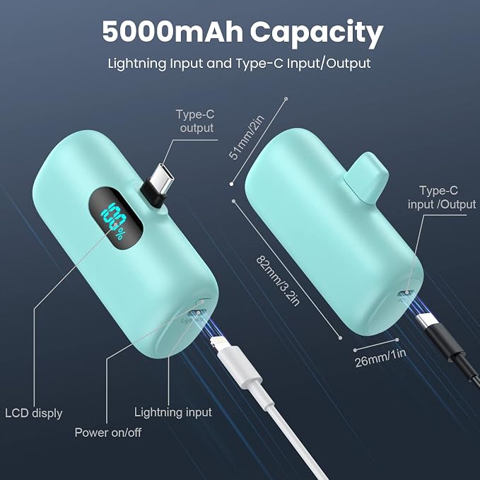 Feob Mini Portable Charger 5000mAh Power Bank,15W PD USB C Cell Phone Portable Power,LCD Display Battery Pack Compatible with iPhone 17/Air/17 Pro/17Pro Max/16/15 Android/Samsung/Moto(Type-C Only) - Image 4