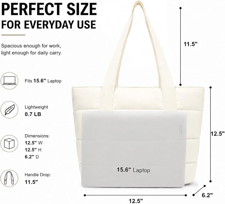 Tote Bag for Women, Lightweight Puffy Tote Bag with Compartments Handbag Fits 15.6'' Laptop for Work, Gym, Shopping - Image 2