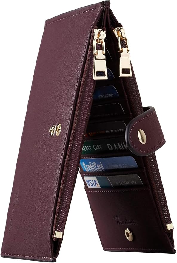 Travelambo Womens Leather Bifold Wallet, Slim RFID Blocking Card Holder | Large Capacity, 16 Card Slots & ID Window, 2 Zipper Pockets, Dual Snap Closure, Slim Lightweight, RFID Privacy Protection by Travelambo