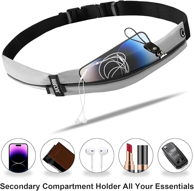 Slim Running Belt for Women and Men, Waterproof Phone Holder for Running, Reflective 2-Pocket Waist Pack for Storing Runner's Essentials Safely, Runner's Fanny Pack, Money Belt Fits Most Phones, Grey - Image 4