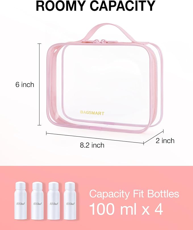 BAGSMART Clear Toiletry Bag with Handle 2-Pack TSA Approved, Pink | Water-resistant Travel Toiletry Bag, Carry On Travel Accessories Bag, Airport Airline Quart Size Bags Women Men, Makeup Bag - Image 2