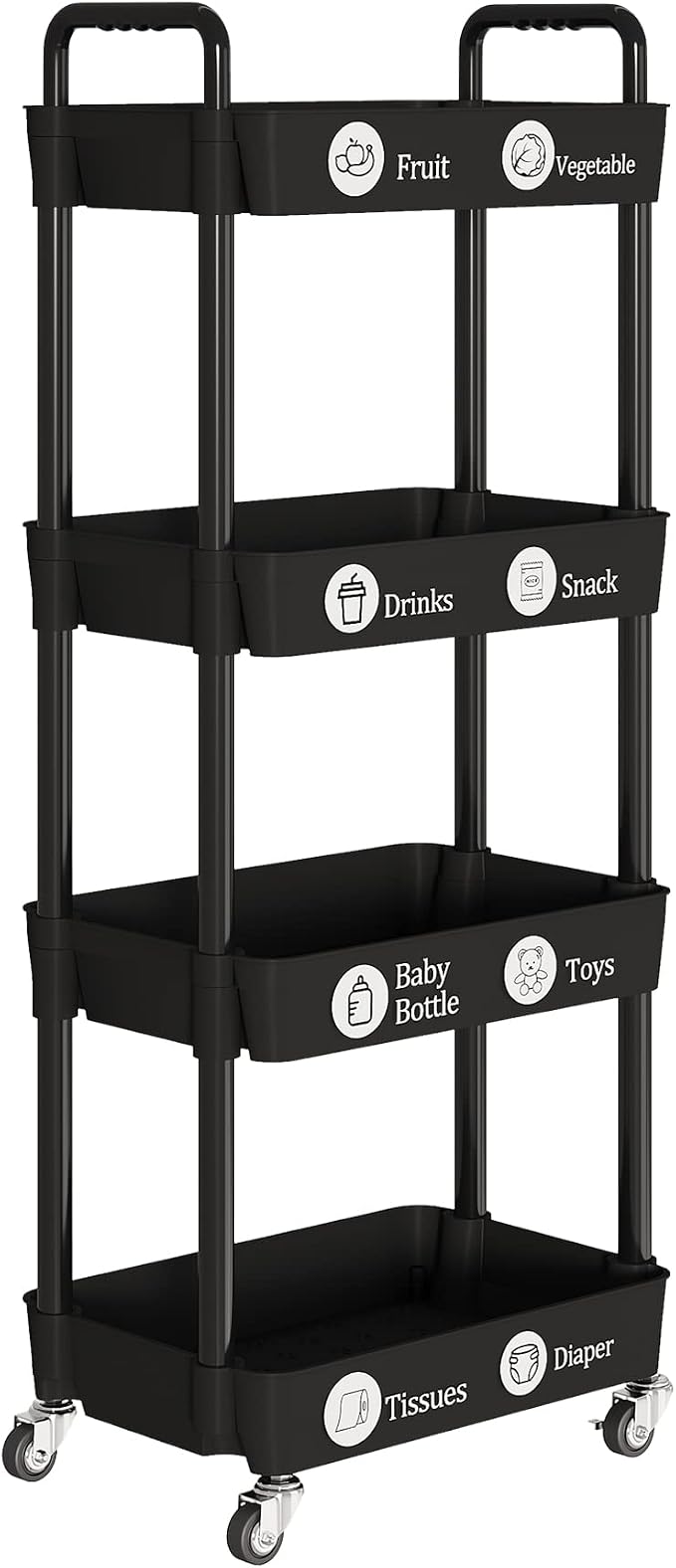 Laiensia 4-Tier Rolling Cart with Wheels,Multifunction Utility Storage Carts, Kitchen Storage Organizer,Mobile Shelving Unit for Bathroom,Laundry,with Classified Stickers,Black - Image 8