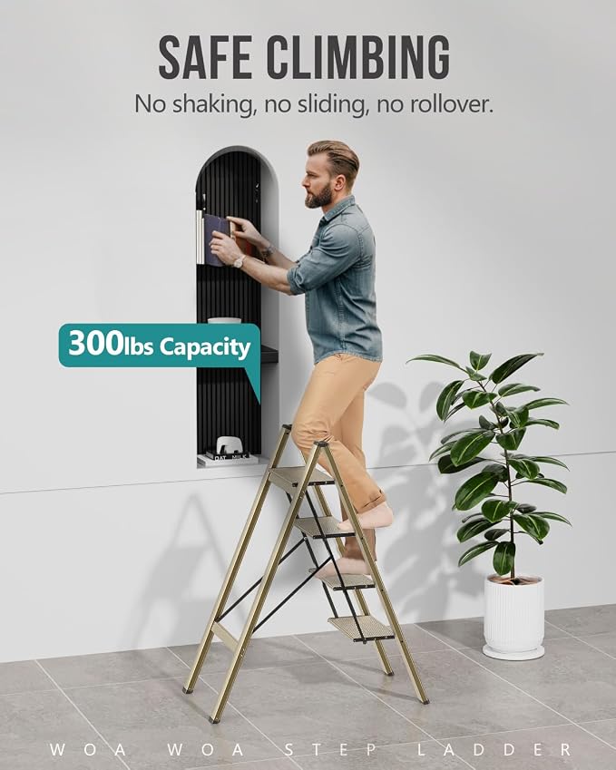 Aluminum 4 Step Ladder, Foldable Step Stool, 300lbs Load, Gold | Folded 43''H x 2''T; Net 9.9 lbs; Rigid Aluminum Steps; No Assembly; For Home, Kitchen, Office, Pantry, Closets, Cabinets - Image 3