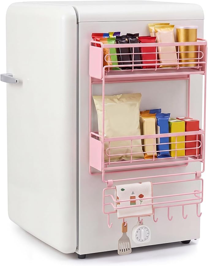 Vercraft 3 Tier Magnetic Dorm Fridge Organizer Heavy Duty 66lbs over Dorm Fridge Shelf Essentials Paper Towel Holder with Sliding Basket Hook Side of Fridges Storage Rack Space Saving Kitchen(Pink) - Image 4