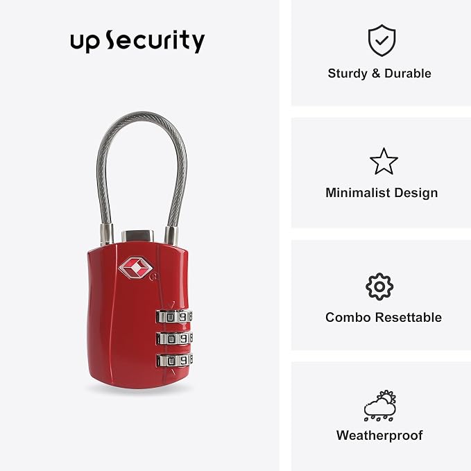 TSA Locks for Luggage, Small Padlock Combination with Cable, Luggage Locks TSA Approved, Combo Padlock with Code, for Travel Suitcase, Gym Locker, Gun Case, Backpack Zipper (Black+Red) - Image 2