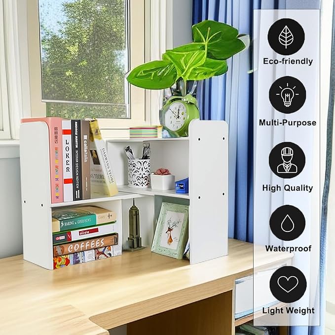 Desk Organizer Desktop Shelf Adjustable Countertop Bookshelf Small Table Shelves Book Organizer Office Organization for Desk, White - Image 5