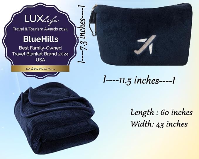 BlueHills Soft Travel Blankets Mini Value Pack Set of 2 - Premium Airplane Travel Essential Flight Blanket Throw in a case with Strap Compact for Car Plane Travel Gift – Black and Navy Blue - Image 9