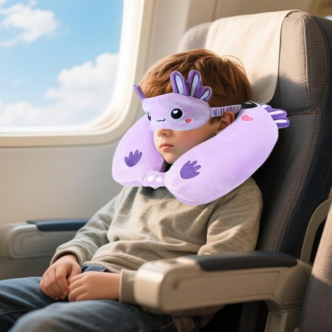Travel Pillow, Kids Travel Pillow with Sleep Eye Mask Soft Memory Foam Kids Neck Pillow for Boys & Girls, Travel Accessories for Car Airplane Traveling - Purple Axolotl - Image 6