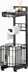 Freestanding Toilet Paper Holder Stand with Storage Shelf, Black | Sturdy Multi-tier Metal Stand with Large Foldable Basket. Versatile for Bathroom, Kitchen, Living Room. Adjustable Organizer by Unknown
