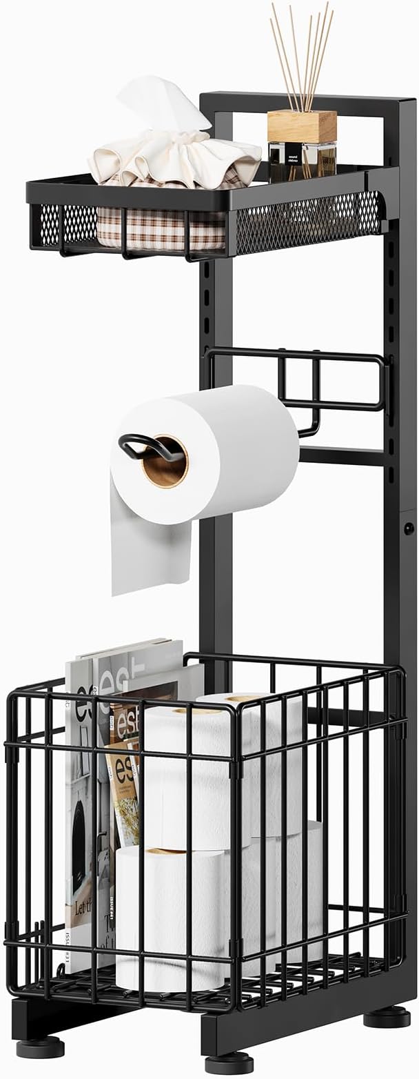 Freestanding Toilet Paper Holder Stand with Storage Shelf, Black | Sturdy Multi-tier Metal Stand with Large Foldable Basket. Versatile for Bathroom, Kitchen, Living Room. Adjustable Organizer by Unknown
