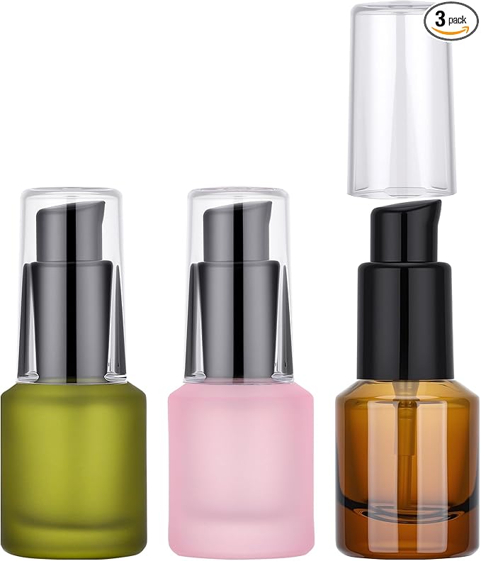 Segbeauty 0.5oz Frosted Glass Pump Bottle Dispenser, 3pcs Empty Travel Size Bottles with Pump, 15ml Refillable Travel Lotion Container, Mini Liquid Containers for Creams Oils Bottle in Mixed Color by Segbeauty