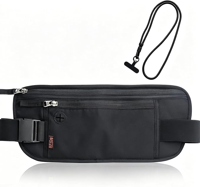 Money Belt for Travel with Anti-Theft RFID Blocking Fabric, Phone Lanyard, Upgrade Larger Hidden Passport Holder, Slim Waist Wallet Men Women,Travel Pouch Fits Passport Phone Cash Cards, Black by TOJKYBLYU