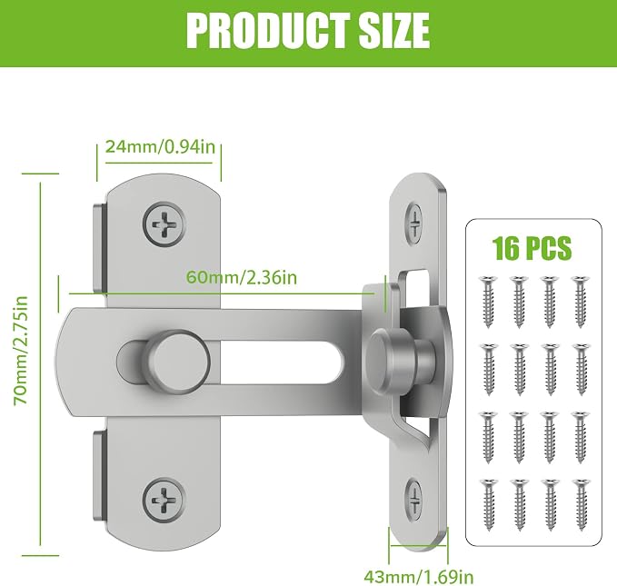 Barn Door Lock, 90 Degree Bifold Flip Door Latch, Silver-2PCS | Stainless Steel Angle Latch Lock for Barn, Bathroom, Outdoor, Garage - Image 6