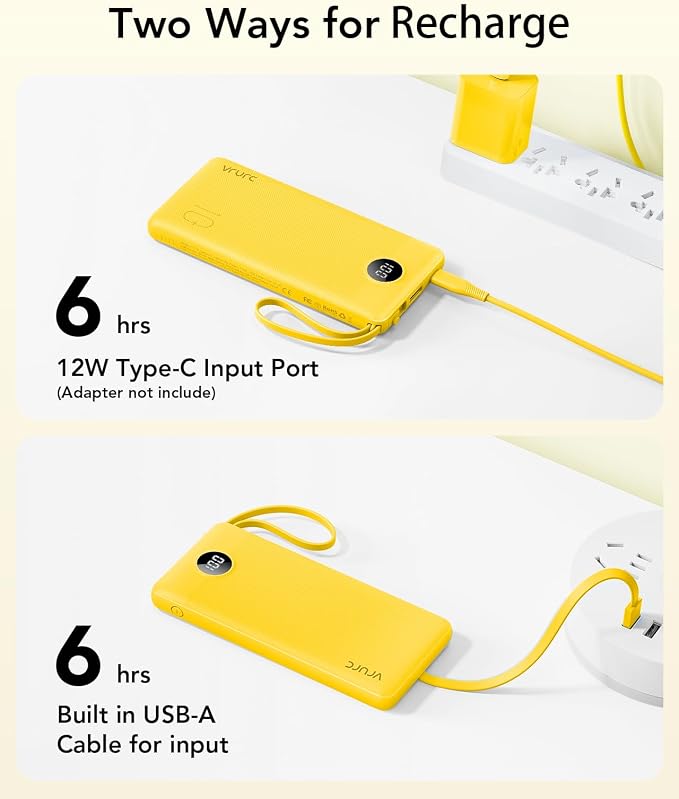 VRURC Portable Charger, Built-in 4 Cables Portable Phone Charger 10000mAh | Lightweight Power Bank with 5 Output 2 Input Compatible with Smart Phones,Samsung,Android etc-Yellow(1 Pack) - Image 6