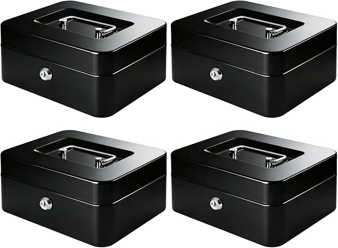KYODOLED Metal Cash Box with Key Lock & Money Tray - Secure Safe for Home, Office & Events, Ideal for Cash, Meds & Small Items, 7.87" x 6.30" x 3.35", Black, 4 Pack by KYODOLED