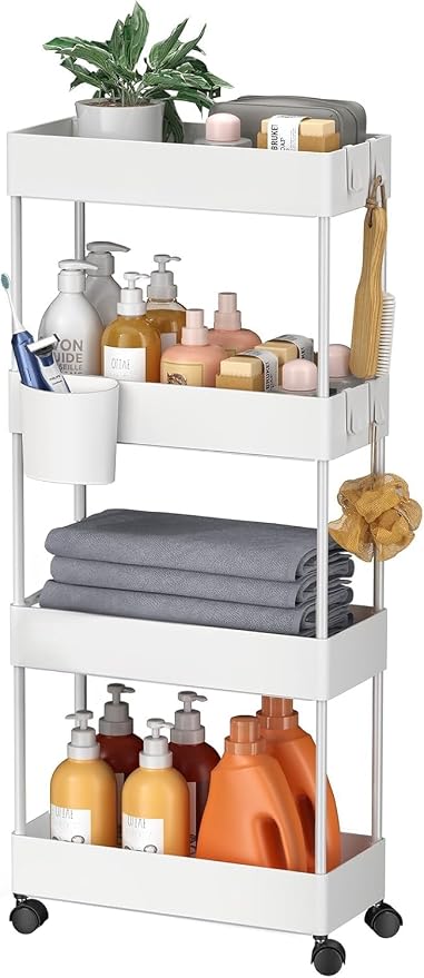 Pipishell 4 Tier Slim Storage Cart with Wheels, Laundry Cart, White | 7.1 inch Wide - Fits Narrow Spaces, Storage Cup and 6 Hooks, Ventilation Holes, Durable ABS Material, Detachable Wheels by Pipishell