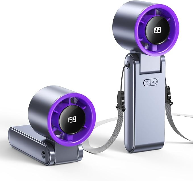 Portable Handheld Turbo Fan, 199 Gear Speed, 24 Hs Cooling Time, 5500mAh Rechargeable Mini Personal Hand Fan, Foldable Design, Travel Essentials, Beach Vacation, Gifts for Women, Men,Grey Purple by Unknown