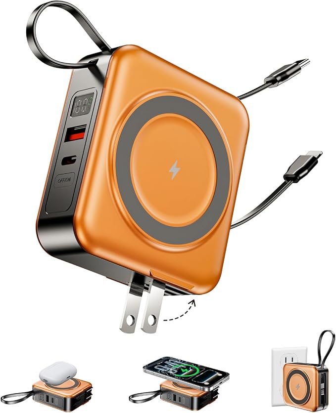 10000mAh for Magsafe Portable Charger Built-in Cables & AC Wall Plug,Orange | 6-in-1,PD 22.5W USB C Fast Charging,15W Magnetic Wireless Charging,Charge 5 devices at once,LED Display Travel Power Bank by Unknown