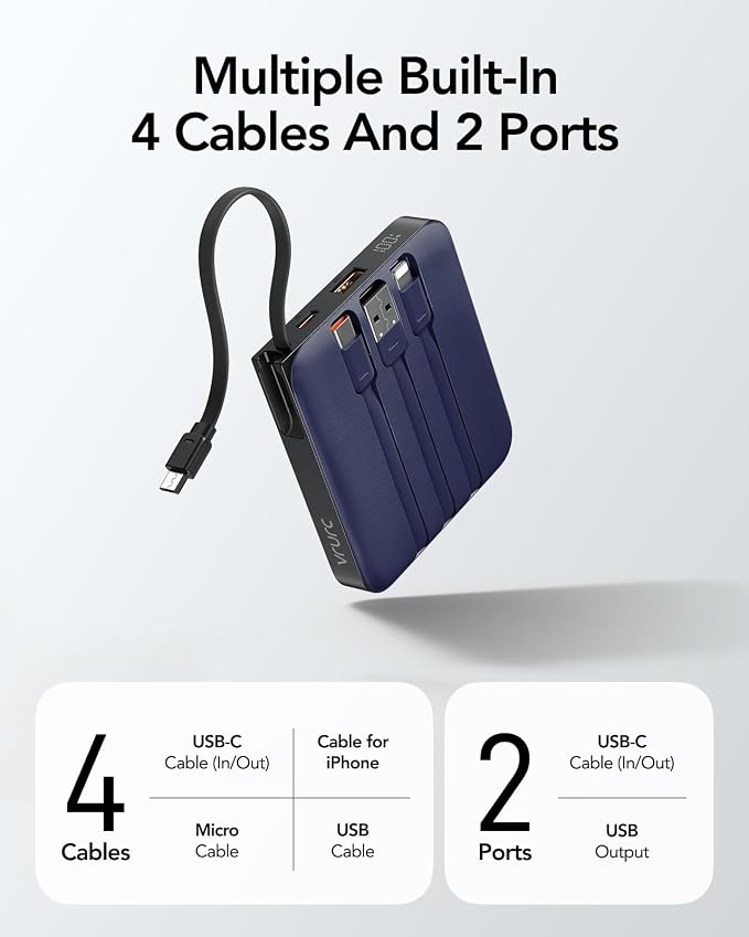 VRURC 10000mAh Portable Charger for iPhone with Built-in Cables | 22.5W Fast Charging Power Bank, LED Display, Compact Battery Pack for iPhone 17/16/15 Series, Samsung Galaxy Devices(Navy) - Image 4