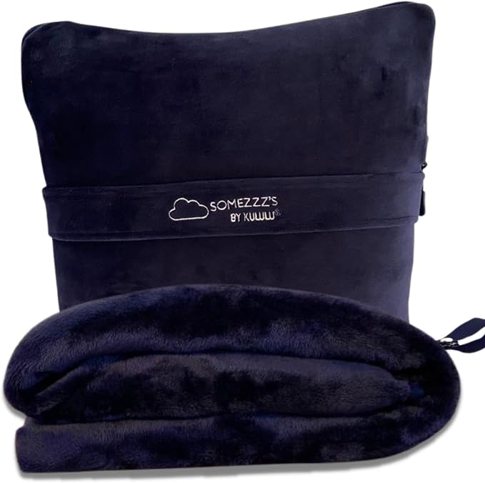 Kululu Travel Blanket and Pillow Set, Airplane Blanket Compact 2-in-1 Combo Set, Flight Essentials Poncho with Pocket, Pouch & Luggage Backpack Strap | Travelers Gifts Accessories 62"x45" (Space Blue) by KULULU