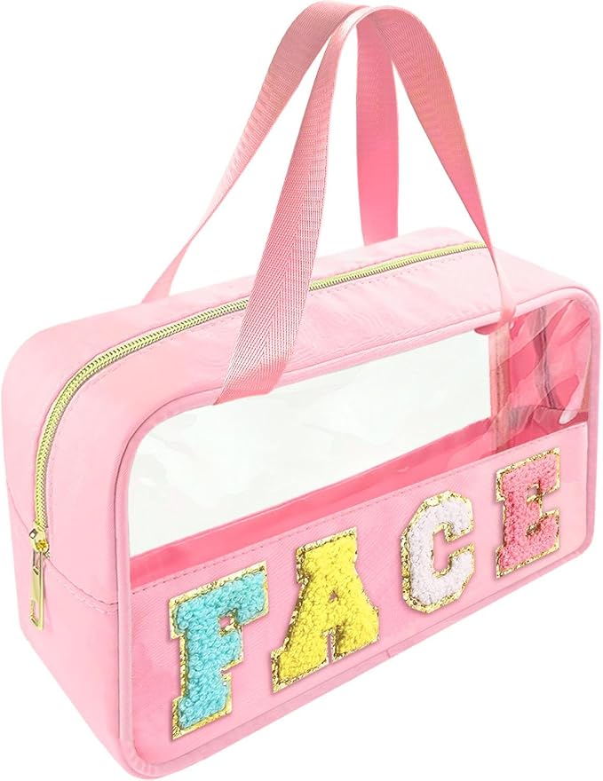 Bunliuys Chenille Letter Clear Makeup Bag Face Patch, Travel Toiletry Makeup Bag with Handle, Nylon Waterproof Makeup Bags clear cosmetic bag, preppy patch makeup bag for Women (FACE-Pink) by Bunliuys