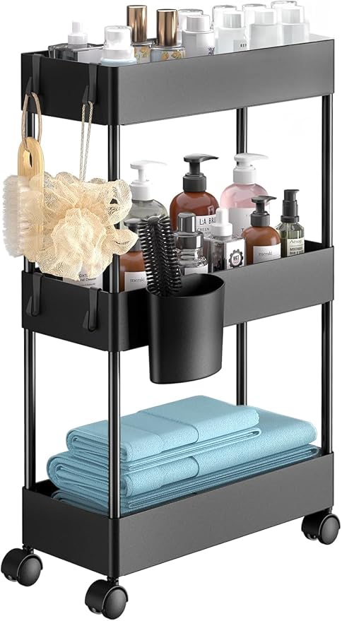 Pipishell 3 Tier Bathroom Storage Cart, Slim Storage Cart with Wheels,Black | 7.1 inch Wide - Fits Narrow Spaces, 1 Storage Cup and 6 Hooks, Ventilation Holes, Durable ABS Material, Detachable Wheels by Pipishell