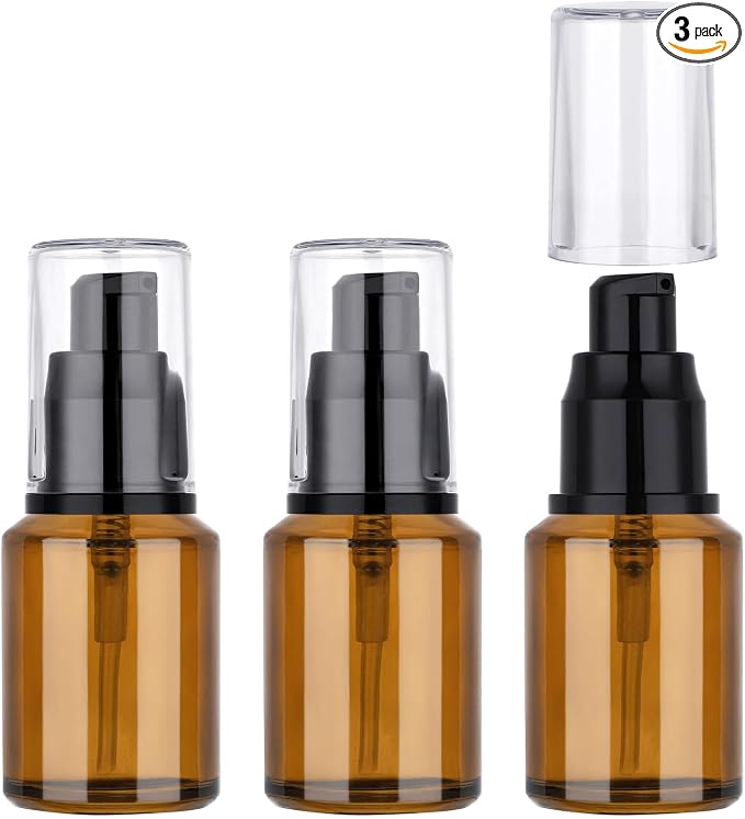 Segbeauty 1oz Frosted Empty Glass Pump Bottle Dispensers, 3 Pack 30ml Travel Size Pump Bottles, Reusable Lotion Container Foundation Bottle for Travel, Refillable Cosmetic Containers for Women Amber by Segbeauty