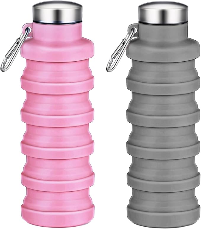 Collapsible Water Bottles,16oz Capacity Portable Reusable Silicone Water Bottle,Leak-proof,with buckle,foldable storage,Lightweight Durable for Fitness,Cycling,Sports,Camping,Hiking (Pink+Grey) by Unknown