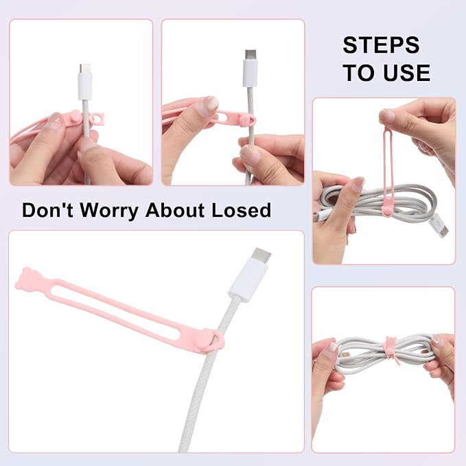 24Pcs Silicone Cable Ties, Reusable Cable Organizer, Purple Pink | Elastic Cord Straps for Earphones, Phone Chargers & Computer Cords, Multipurpose Wire Organizer for Home, Office & Travel - Image 4