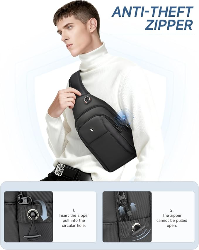Sling Bag for Men, Anti Theft Crossbody Bag with Lockable Zipper, Water Resistant Chest Bag Fits 11” iPad & Switch 2, Lightweight Sling Backpack for Travel, Work & Commuting - Image 6