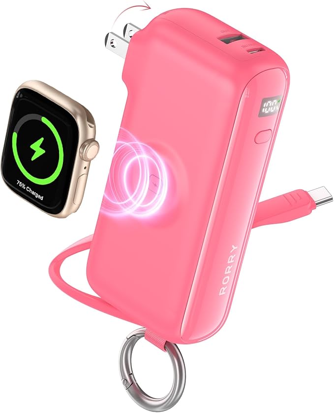 RORRY Flow Portable Charger 10000mAh 40W Wall Plug Power Bank Battery Pack | Built-in USB-C Cable, Keychain Design, Fast Charging, for iPhone 17/16/15, Apple Watch, iPad, 3-in-1, Travel Essential by RORRY