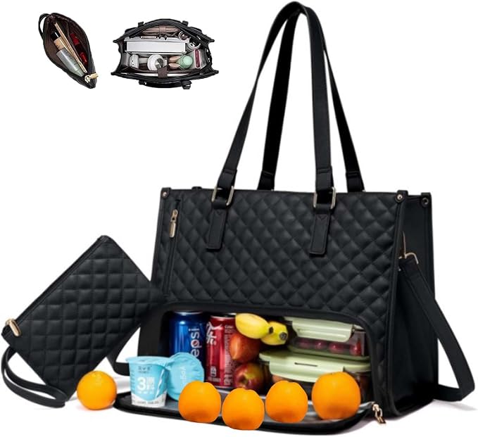 2 in 1 Tote Bag Lunch Bag Combo,Lunch Tote Bag for Women, Large Convertible Laptop Work Handbag for Women (Black) by Unknown