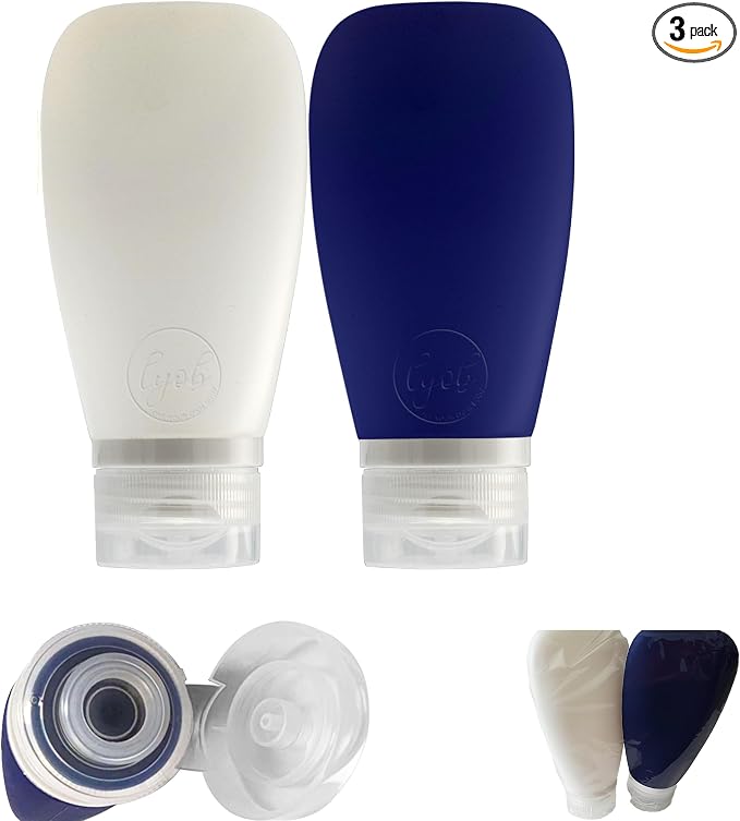 Travel Bottles for Toiletries, TSA Approved 3oz Leak Proof Silicone Refillable Squeeze Travel Size Containers BPA Free for Cleansers, Lotions, Shampoo 2pk (Navy Blue-White) by Lyob