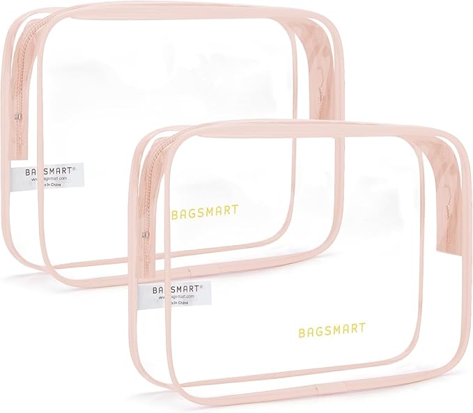 BAGSMART Clear Toiletry Bag 2-Pack TSA Approved Water-Repellent, Nude Pink | Carry on Travel Accessories Bag, Airport Airline Quart Size Bags for Women Men, Makeup Cosmetic Bag by BAGSMART