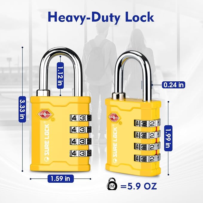 SURE LOCK TSA Accepted 4 Dig Heavy Duty Big Combination Luggage Padlock All Metal Travel Lock for Equipment Hard Case Luggage Gun Case Gym Locker Pelican Vault Lock (2, Yellow) - Image 6
