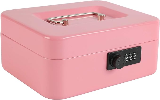 xydled Steel Cash Box Safe with Combination Lock,Money Safe Box with Removable Coin Tray,Medium,7.87"x 6.30"x 3.54",Pink by xydled