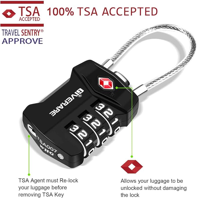 2 Pack TSA Approved Travel Luggage Locks, Cable Combination Lock Alloy, Metal Keyless 3-Digit Padlocks, Weatherproof TSA Accepted Padlock for Gym Locker, Golf Bag Case, Backpack, Black-by GIVERARE - Image 4