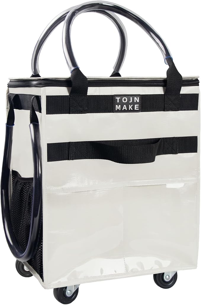 Reusable Grocery Bag on Wheels, Rolling Tote, 46 LBS, Small, Beige | Shopping bag on Wheels, 8 Pockets, Zipper Cover, Foldable, Heavy Duty Handles by TOJNMAKE