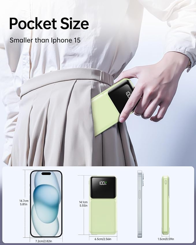 Portable Charger with Built in Cable 20000mAh Fast Charging | Power Bank USB C Slim 22.5W LED Display Battery Pack 5 Outputs & 3 Inputs for Travel Essentials iPhone Samsung Phones Green - Image 6