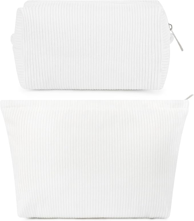 SOIDRAM 2 Pcs Corduroy Makeup Bag Large Cosmetic Bag Toiletry Bag Makeup Pouch Travel Bag Organizer Cute Makeup Brushes Aesthetic Accessories Storage Bag for Women White by SOIDRAM