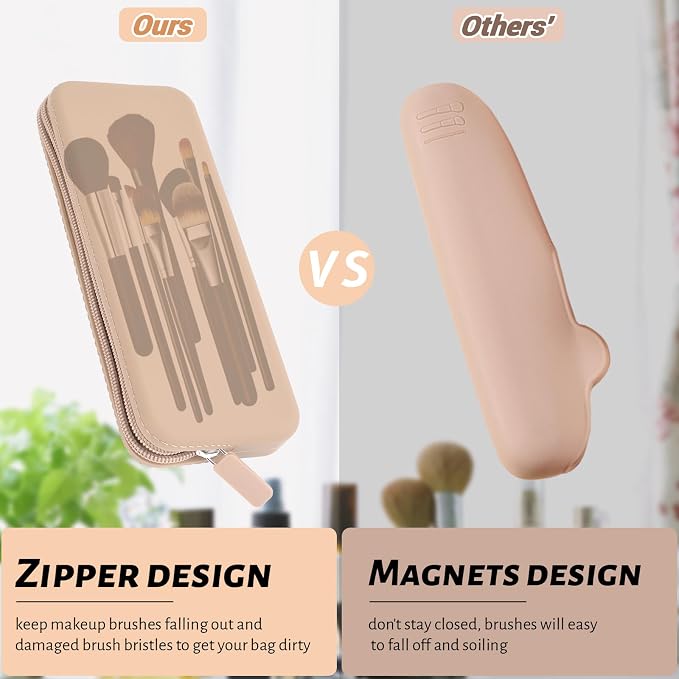 Travel Makeup Brush Holder, Silicone Makeup Brush Bag with Zipper Closure, Makeup Brushes Organizer Case Washable Makeup Pouch Holder Case for Daily, Work, Essentials（Khaki） - Image 5