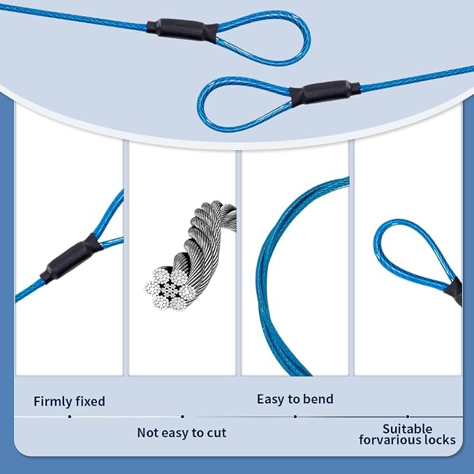 3.3mm Steel Wire Rope Outdoor Travel Security Cable Lock,Braided Steel Coated Safety Cable Luggage Lock,Safety Cable Wire Rope Chain Lock Double Loop Lightweight (Blue, 24in/2Pcs) - Image 3