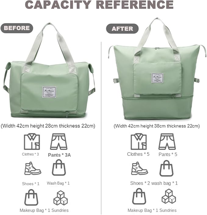 Large Capacity Folding Travel Bag, Lightweight Waterproof Luggage Bag, Expandable Travel Duffel Bag, Dry Wet Separated Gym Tote Bag, Weekender Overnight Bags for Women and Man (Light Green) - Image 8
