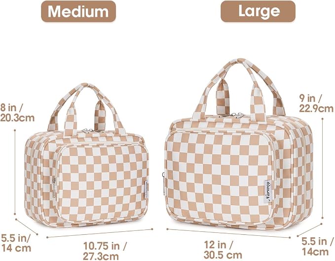 Narwey Travel Toiletry Bag for Women Large Hanging Makeup Bag Organizer Toiletries Bag for Full Size Essentials Accessories Cosmetics (Light Checkerboard (Large)) - Image 2